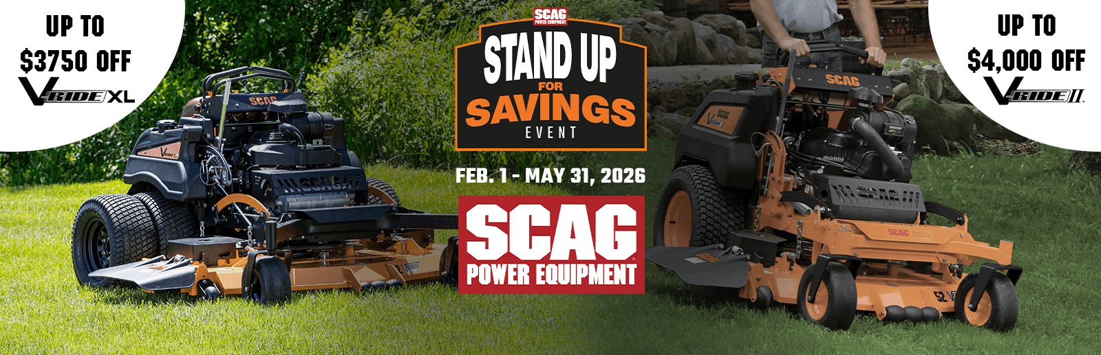 SCAG stand-on mower and Windstorm stand-on blower shown during the Stand Up for Savings promotion at Bentley Brothers